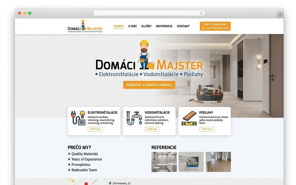 Web pre Domáci Majster — elektroinštalácie, voda a podlahy